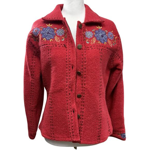 Icelandic Design Felted Wool Button Up Jacket Embroidered Folk Art Size S Red - Picture 1 of 7